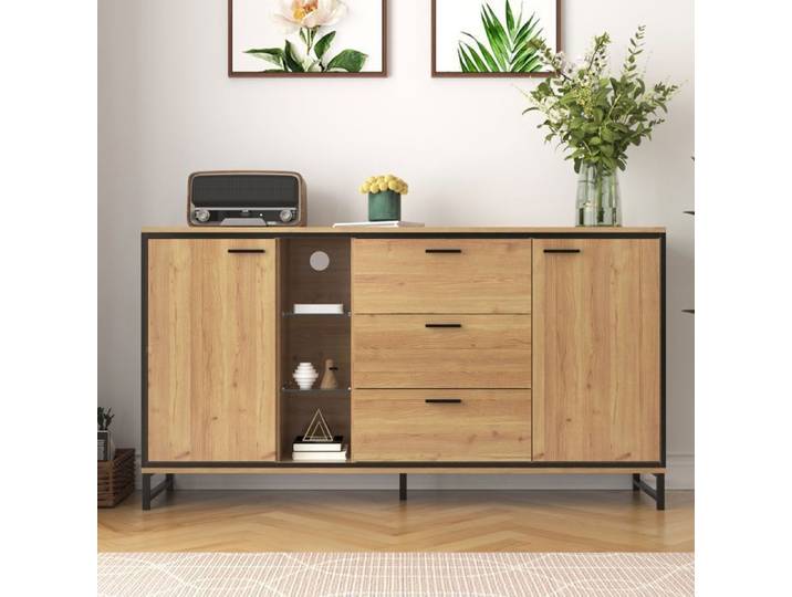 Buffet moderne 160x40x85cm avec 3 tiroirs et clairage LED bois