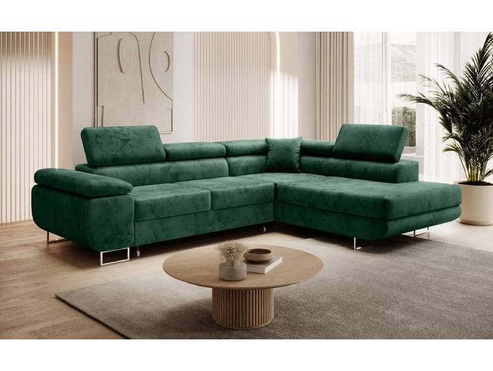 Designer Ecksofa Aston mit Schlaf- und Klappfunktion aus Samt - Grün - Rechts - Samt - Luxusbetten24