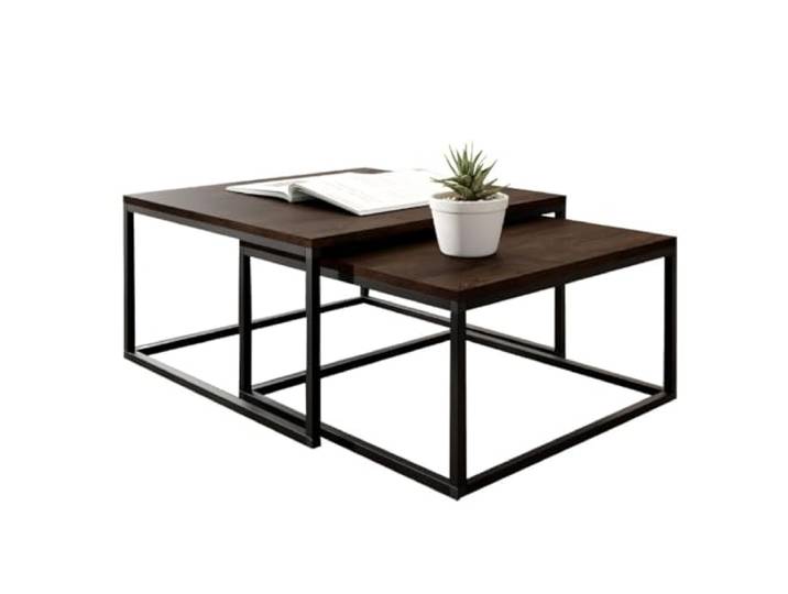KIER FURNITURE Couchtisch 2er Set, LOFTI 75x75/65x65 cm, Esche Dunkel Beistelltisch Sofa, Wohnzimmer Tisch 75x75 und 65x65 cm, Sofatisch Quadratisch, Industrial Style, Beine Metall Schwarz