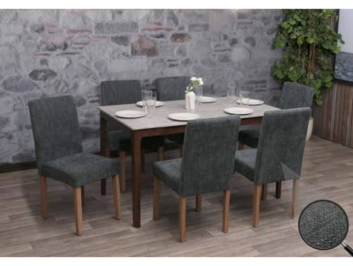 Mendler 6er-Set Stuhl Littau Chenille - dunkelgrau, naturfarbene Beine