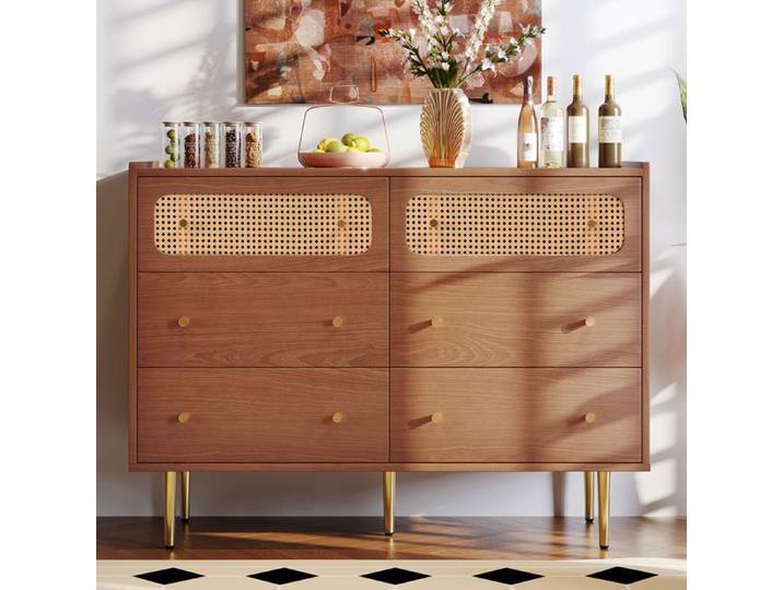 Commode - ZEVKOR - Commode 6 Tiroirs - Façades en rotin cannage - Finition noyer - Pieds métal 120x40x90 cm