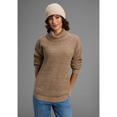Rollkragenpullover LAURA SCOTT, Damen, Gr. 32/34, beige (braun melange), Strick, Obermaterial: 60% Polyacryl, 40% Baumwolle, Waffelmuster, figurumspielend hüftbedeckend, Pullover Rollkragenpullover, Winterpullover im lässigen Fit mit Waffelstruktur