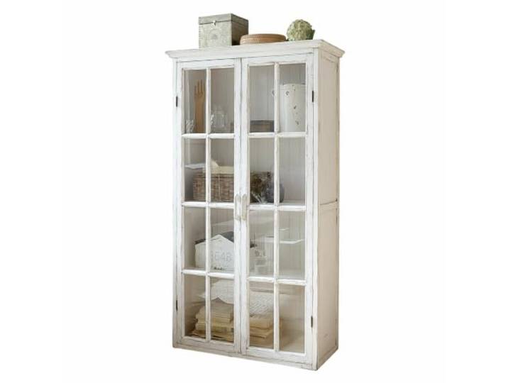 LOBERON Schrank Keanu , antikweiß Vitrine, Charmanter Used-Look, Schöne Glaseinsätze, Aus Kiefernholz