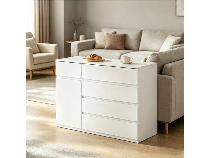 Buffet de Cuisine - 5 Schubladen 1 Porte Commode Buffet Bas Rangement Profil Épuré Sol Stable - Blanc