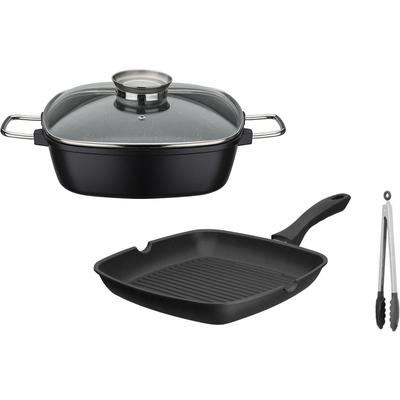 Topf-Set GSW "Gourmet Granit Grillmeister", schwarz, B:28cm L:28cm, Töpfe, mit Aroma-Glasdeckel, Induktion
