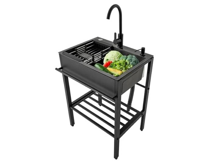 Edelstahl Spültisch,Spülbecken mit Wasserhahn,Outdoor Küche Gewerbliche Mobiles Waschbecken mit Ablagefläche,Freistehend Spüle Gastro 1 Becken küchenspüle mit Unterschrank,für Außen,Innen(55x45x86cm/2