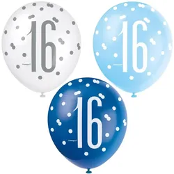 6 Luftballons blau & silber Zahl 16