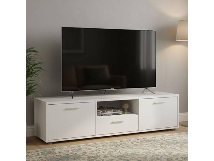Dmora - Fernsehschrank Fernande, Ständer für Wohnzimmerfernseher, Niedriges Wohnzimmer-Sideboard, TV-Ständerbasis, 147x40 h38 cm, Weiß