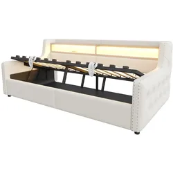 MODFU Schlafsofa Samt Beige 90x200 cm mit Lattenrost, Stauraum, LED, Ablage und Steckdose