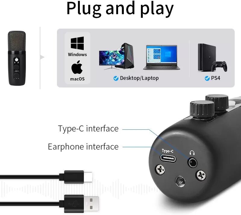 INF Microphone à Condensateur USB - 192kHz/24Bit, Micro Cardioïde pour Enregistrement, Streaming, Gaming, Compatible avec PC et