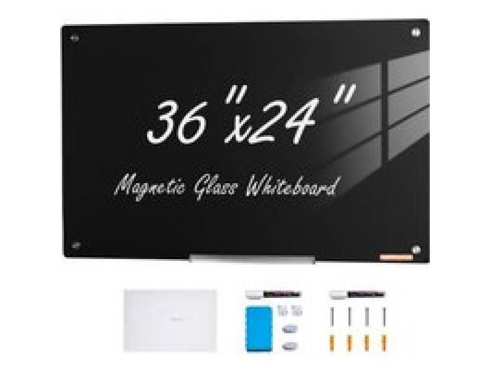 VEVOR Magnetisches Glas-Whiteboard, Trocken Abwischbare Tafel 90 x 60 cm, Wandmontiertes Großes Weißes Glasboard ohne Rahmen, mit Stiftablage, einem Radiergummi& 2 Stiften, Magnettafel Schwarz