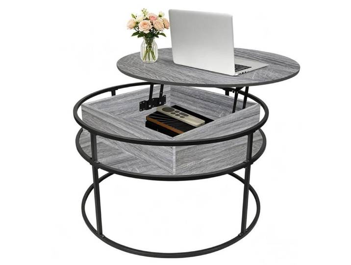 VIVOLILV 2 en 1 Table Basse Relevable Ronde 80x80 cm Grise Effet Marbre avec Rangement Caché Multifonctionnelle pour Salon