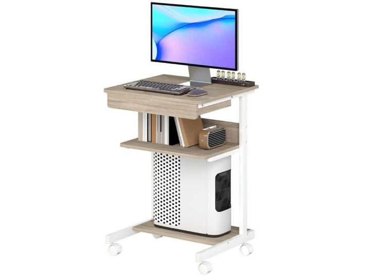 Bureau sur roulettes avec tiroir et étagères 4 roulettes compact panneaux de particules métal