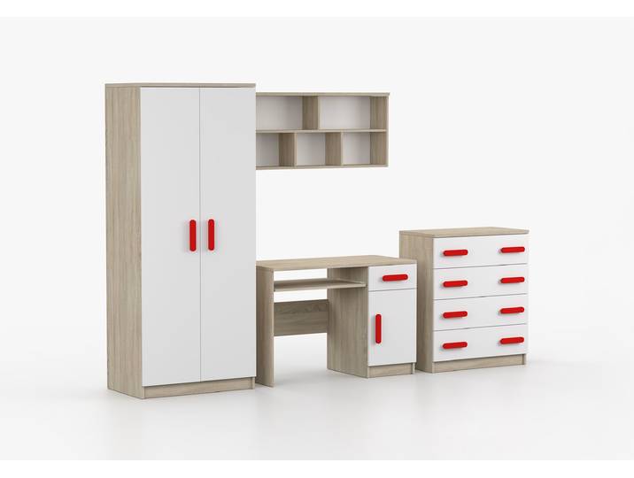 Kinderzimmer Komplett - Set JONAS III 02 (4-teilig) Sonoma Eiche Weiß Rot