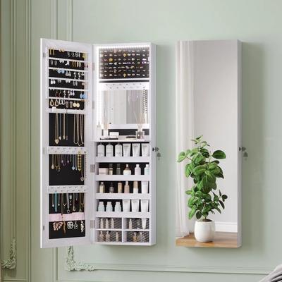 Mega Casa 14.5-Inch Mirrored Jewelry Cabinet with LED Lights, Wall or Door Mounted Storage Armoire