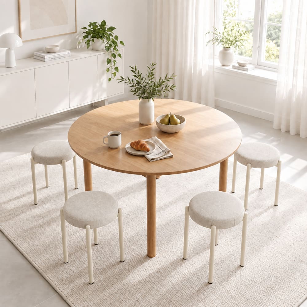 Homcom Lot de 4 tabourets empilables ronds avec assise rembourrée lin crème Beige 45x48x45cm