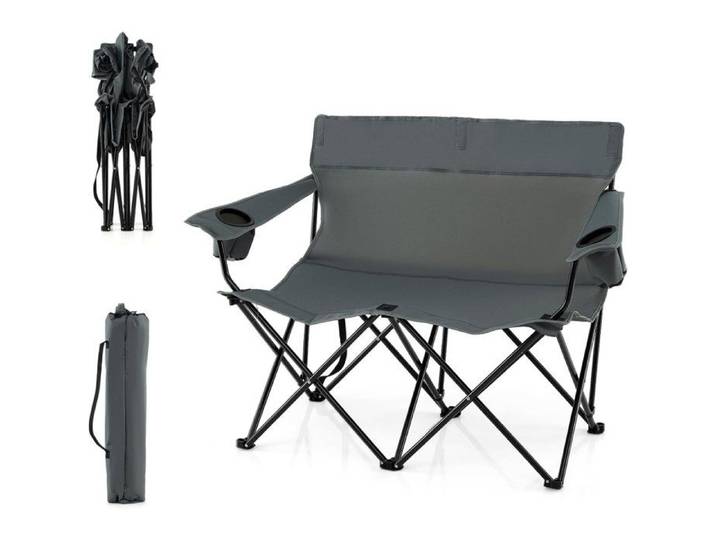 COSTWAY Chaise Pliable de Jardin 2 Places Porte-Gobelets Sac de Transport pour Camping Plage Pêche Voyage Charge 300 kg Gris