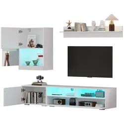 TV Wohnwand-Set 175x39x34 Weiß mit Vitrine, LED-Beleuchtung, 3-teiliges Komplett-Set, Wandregal und Stauraum für Wohnzimmer