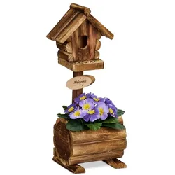 Relaxdays Deko Vogelhaus mit Blumentopf Braun
