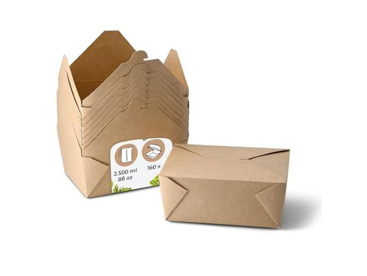 BIOZOYG Take Away Box Essen 160 Stück 2500 ml Kraftkarton Braun - Lunchbox Faltbare Deckel PE beschichtet - Snackbox Einwegschalen Karton Pappschalen Nudelbox Speisebox für Essen Ramen, Nudeln To Go