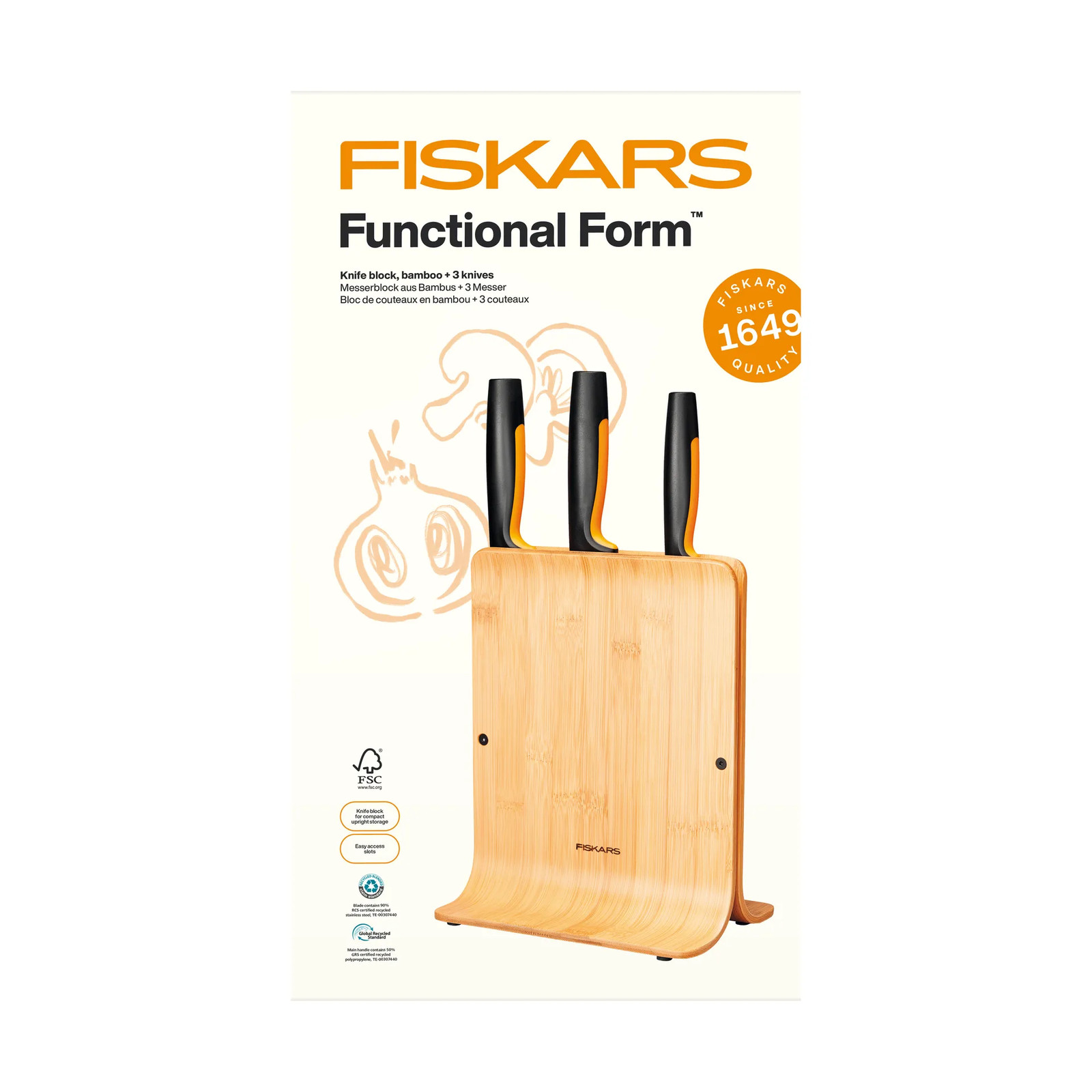 Fiskars Functional Form messenset met bamboe messenblok, 4 delen