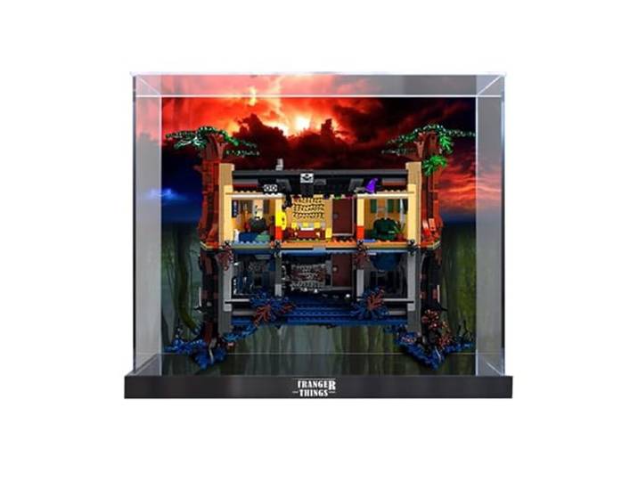HCAEIOFJ Transparente Acryl-Vitrine für Lego 75810, anwendbar für Stranger Things Reverse World, Schaukasten, Geschenk (nur Vitrine) (schwarze Unterseite + Hintergrund)