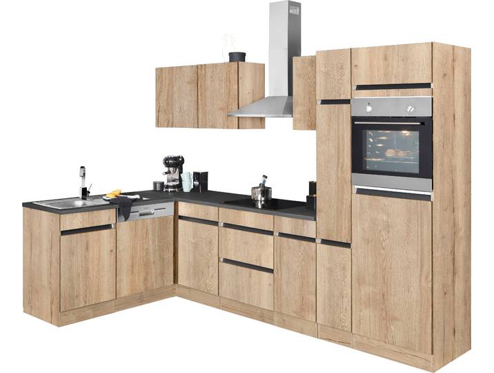 Küchenzeile OPTIFIT Roth , beige (küche: natur, front: wildeiche, korpus: wildeichefarben, arbeitsplatte: anthrazit), B:300cm H:206,8cm T:60cm, Komplettküchen-Sets, Küchenzeile, Stellmaße 300x175 cm, wahlweise mit E-Geräten, mit Apothekerschrank