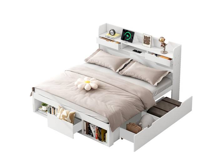 Flieks Doppelbett 140x190cm Weiß Mit USB & Großem Stauraum, 140x190 cm, Schlafzimmer, Betten