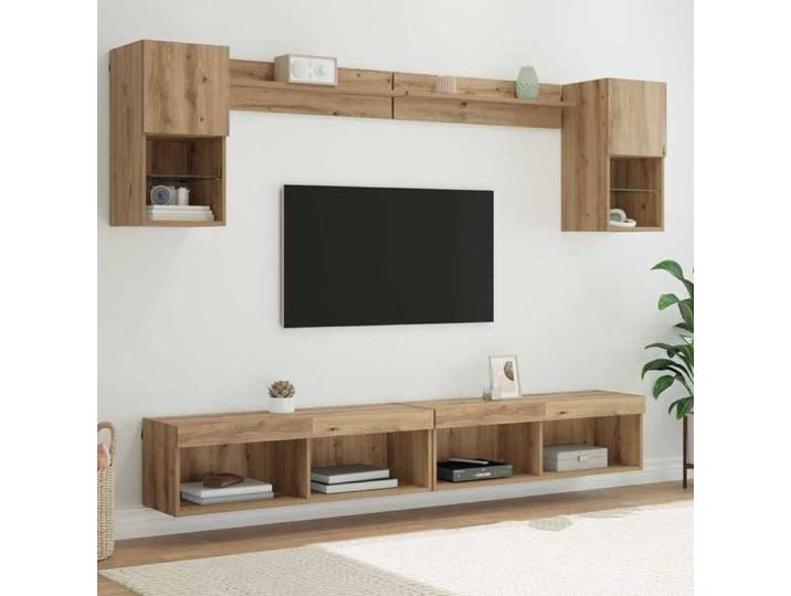 NEW 2026  LED Unités murales TV avec LED lot de 6 Meubles TV Moderne Chêne artisanal 221x30x60 cm L7315
