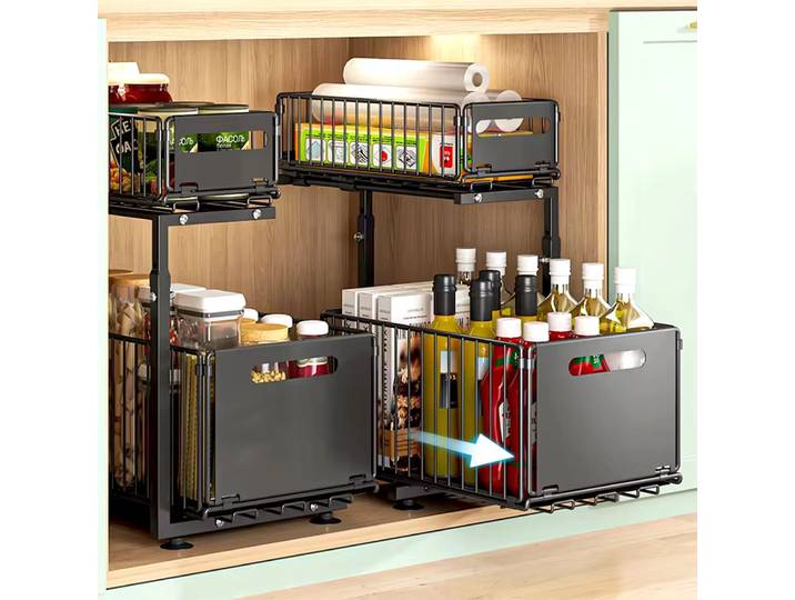 Organisateur d'armoire extractible à 2 niveaux, support de rangement de cuisine réglable sous l'évier, support de rangement pour pots à épices, tiroir coulissant