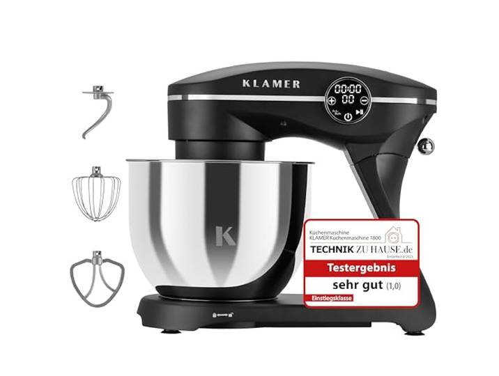 KLAMER Küchenmaschine 1800W, Knetmaschine Brotteig mit 6L Edelstahlschüssel 10 Geschwindigkeiten und Timer, Planetenrührwerk, Knethaken, Flachrührer und Schneebesen, transparenter Sichtdeckel