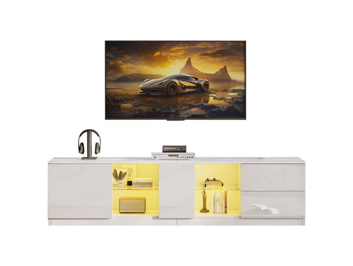 Flieks Tv-Ständer 160x40cm Hochglanz Lowboard LED-Beleuchtung bis 65 Zoll, Weiß, Holz, 48.49x18.9x59.89 cm, Wohnzimmer, TV Möbel, Lowboards, Lowboards stehend