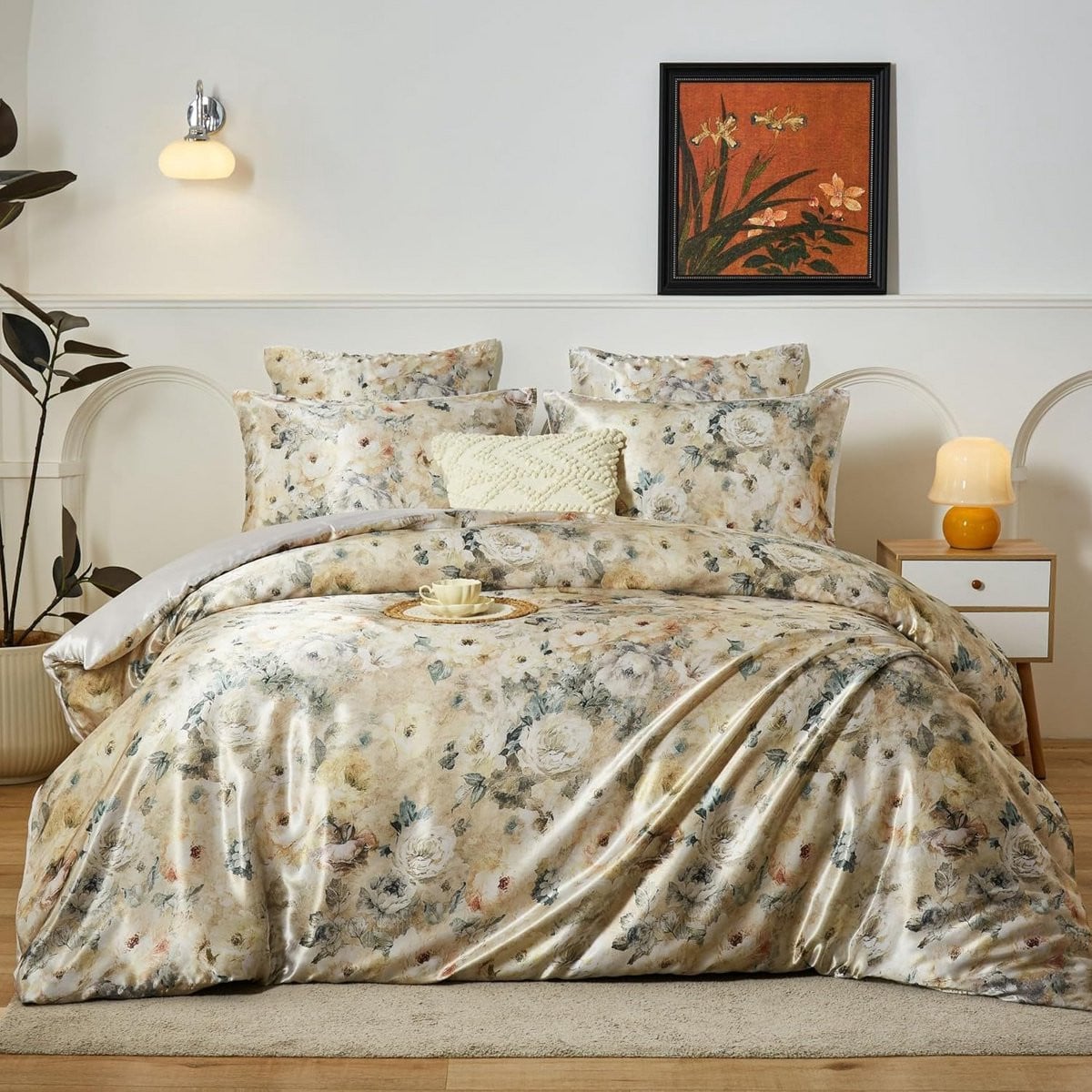 Satie beddengoed set beige met bloemmotieven, 3-delig, 200 x 220 cm