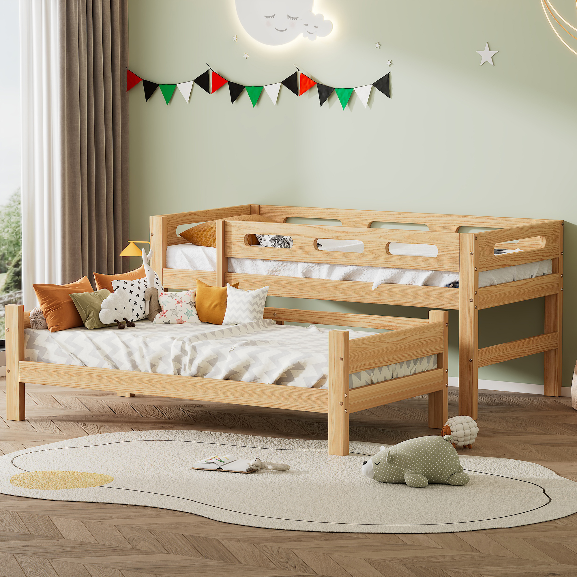 okwish Etagenbett 90x200cm, teilbar in 2 Einzelbetten, Gestell aus massivem Kiefernholz, einfach zu montieren, für Kinder und Jugendliche geeignet, Farbe Massivholz