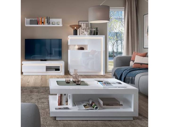 Lomadox Wohnmöbel Set, Highboard & Wandboard & TV Lowboard & Couchtisch, weiß Hochglanz mit Beleuchtung