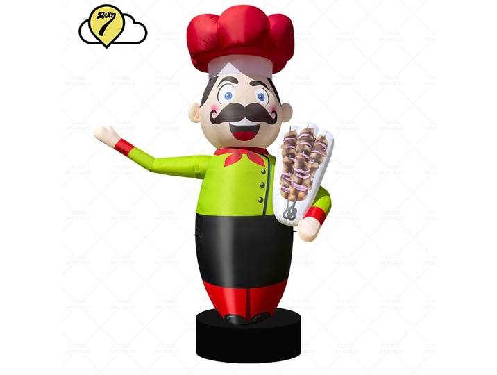 Danseur gonflable publicitaire de 2,5 m pour restaurant, représentant un chef de kebab, avec souffleur et éclairage LED décoratif.