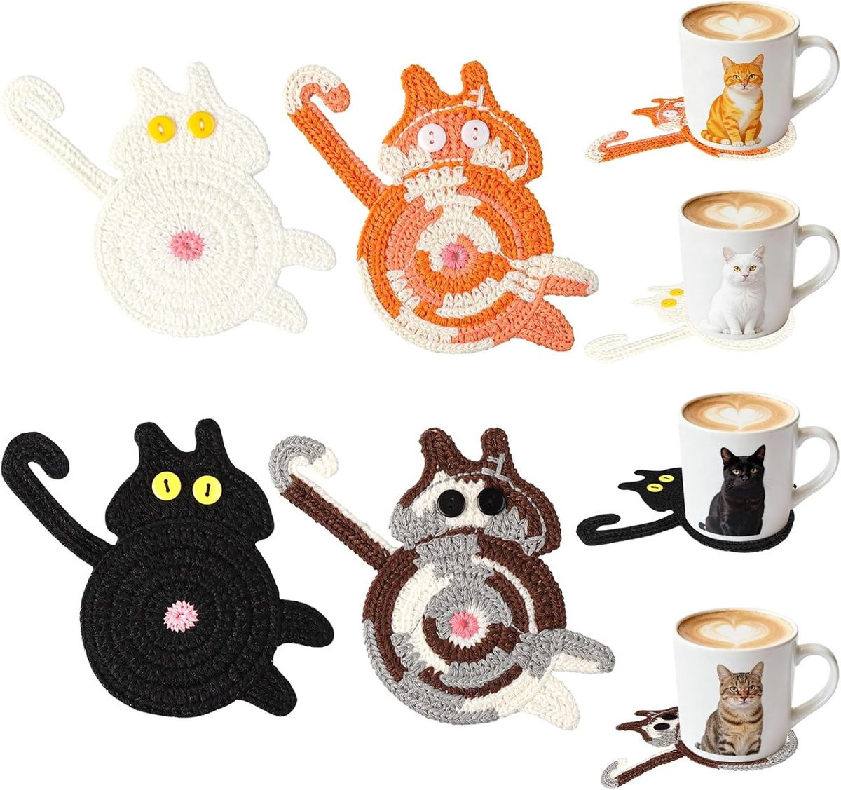 Set van 4 handgemaakte gehaakte katten onderzetters voor decoratie van je koffietafel