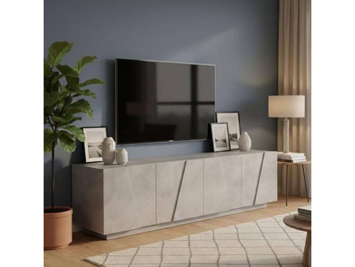 Dmora - TV-Schrank Raul, niedriges Wohnzimmer-Sideboard, Fernsehständer-Basis, 100 % Made in Italy, 162 x 44 x 46 cm, Zement,