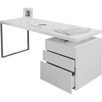 Schreibtisch SALESFEVER "Varberg - Arbeitsplatz Deluxe Design-Laptoptisch", weiß (weiß, chromfarben, chromfarben, weiß), B:140cm H:76cm T:70cm, Tische, Schreibtisch, Schubladen mit Soft-Close-Funktion