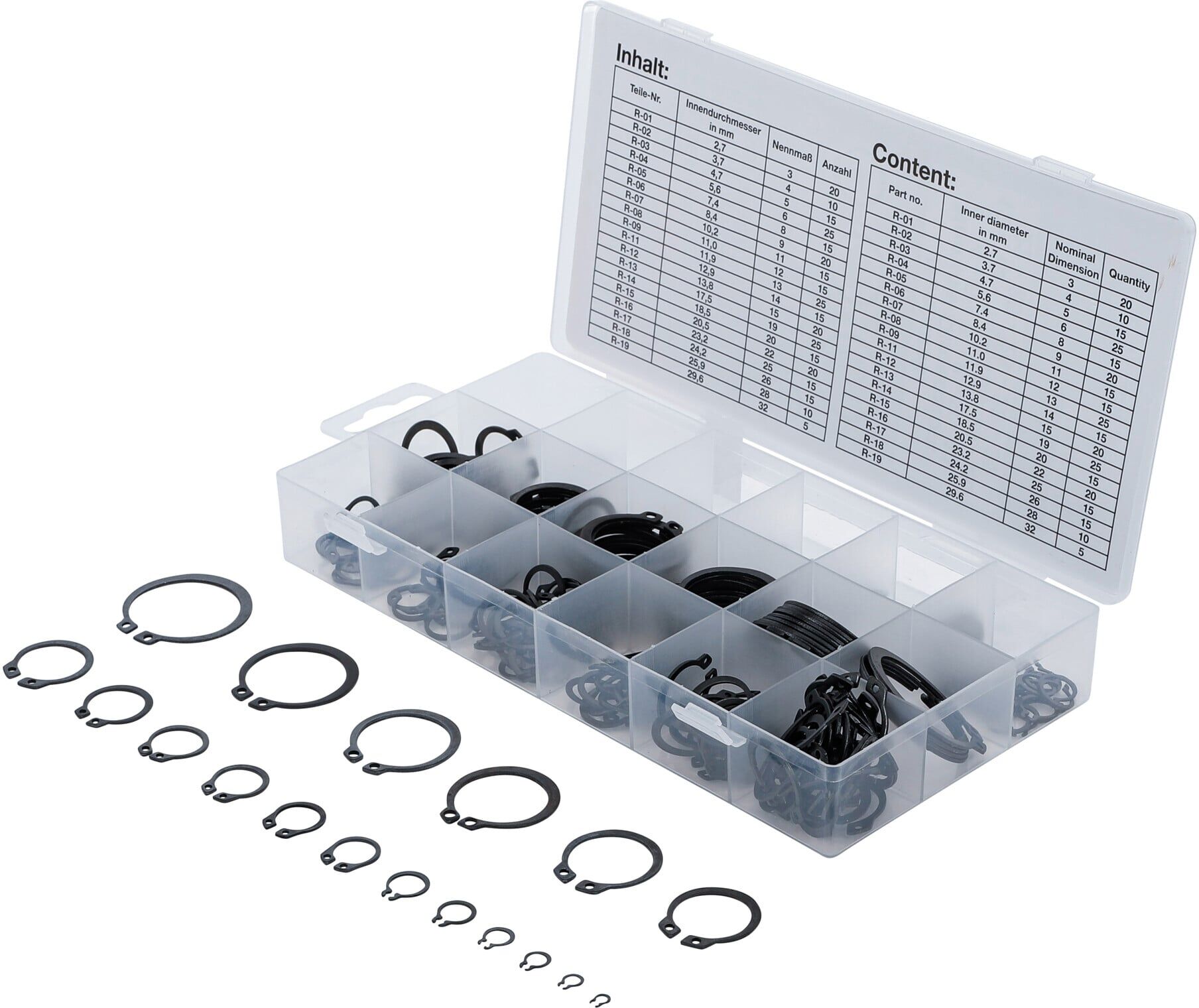 BGS technic 8046 Außen-Seegerring-Sortiment aus Federstahl mit Sprengringen von Ø 3 - 32 mm (300-tlg.) für Wellen)