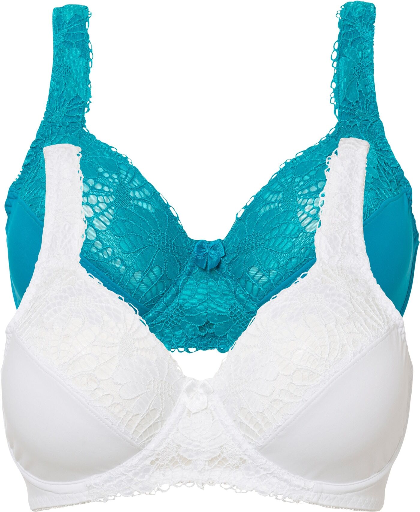 Minimizer-BH BONPRIX "Minimizer-BH mit gepolsterten Trägern (2er Pack)", Damen, Gr. 80, Cup C, weiss (weiß, petrolgrün), Obermaterial: 80% Polyamid, 20% Elasthan. Futter: 100% Baumwolle. Spitze: 87% Polyamid, 13% Elasthan, BHs Minimizer-BH, Minimizer-Pass