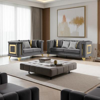 ZWYO HOSIMU Velvet Tufted 3-Seater Sofa and Loveseat Set with Gold Stainless Steel Trims and 7 Included Pillows