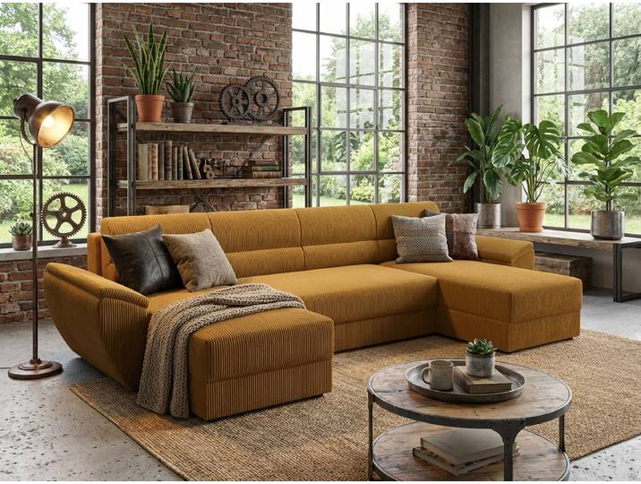 Ausziehbares U-Form Sofa TAVERO 321x140 cm, senffarben