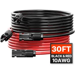VEVOR 9,14 m Solarkabel, Verlängerungskabel 2er-Set, 6mm2/10AWG Kabel mit wasserdichten Buchsen- & Steckeranschlüssen, PV-Kabel für Solarpanele zu Hause, auf Schiffen & in Wohnmobilen, Schwarz + Rot