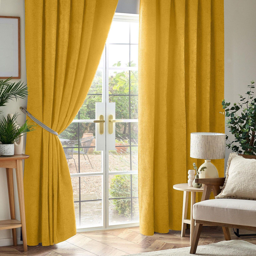 17 Stories Eilfried Chenille Pencil Pleat Taped Top Curtains Yellow 168cm Width x 229cm Drop