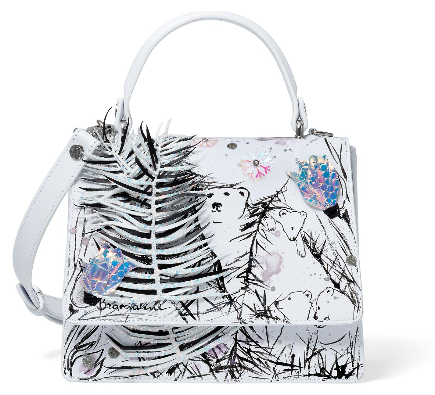 Braccialini Penelope Orsi Polari Handtasche, bemalt mit Bärenfamilie, 3D Blätter & Blütenblätter
