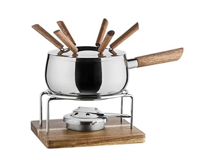 MÄSER 931895, Fondue Set für 6 Personen in modern-rustikalem Design, ideal für Fleischfondue, 10-teiliges Fondueset inklusive Fonduegabeln und Fonduebrenner, silber, braun