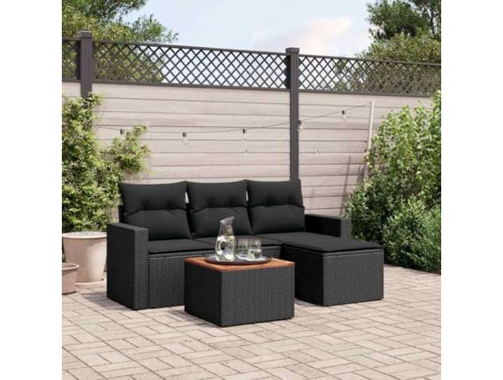 RJPLMFV Gartenmöbel, 5-teilig, Schwarz, Kunstharz, gewebt, mit Kissen Akazientisch mit Aufbewahrung, vielseitiger Sitzsack, modulares Design, wasserdichte Tasche inklusive