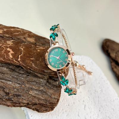 Combo Retail Shop Elegant Ladies Quartz Watch, Round Alloy Case, Arabic Numeral Dial, Leaf Shaped Diamond Studded Bracelet green