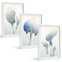BILDER SET 3er Set - 40x60 cm Weißer Rahmen - Blaue Blumen im Hintergrund